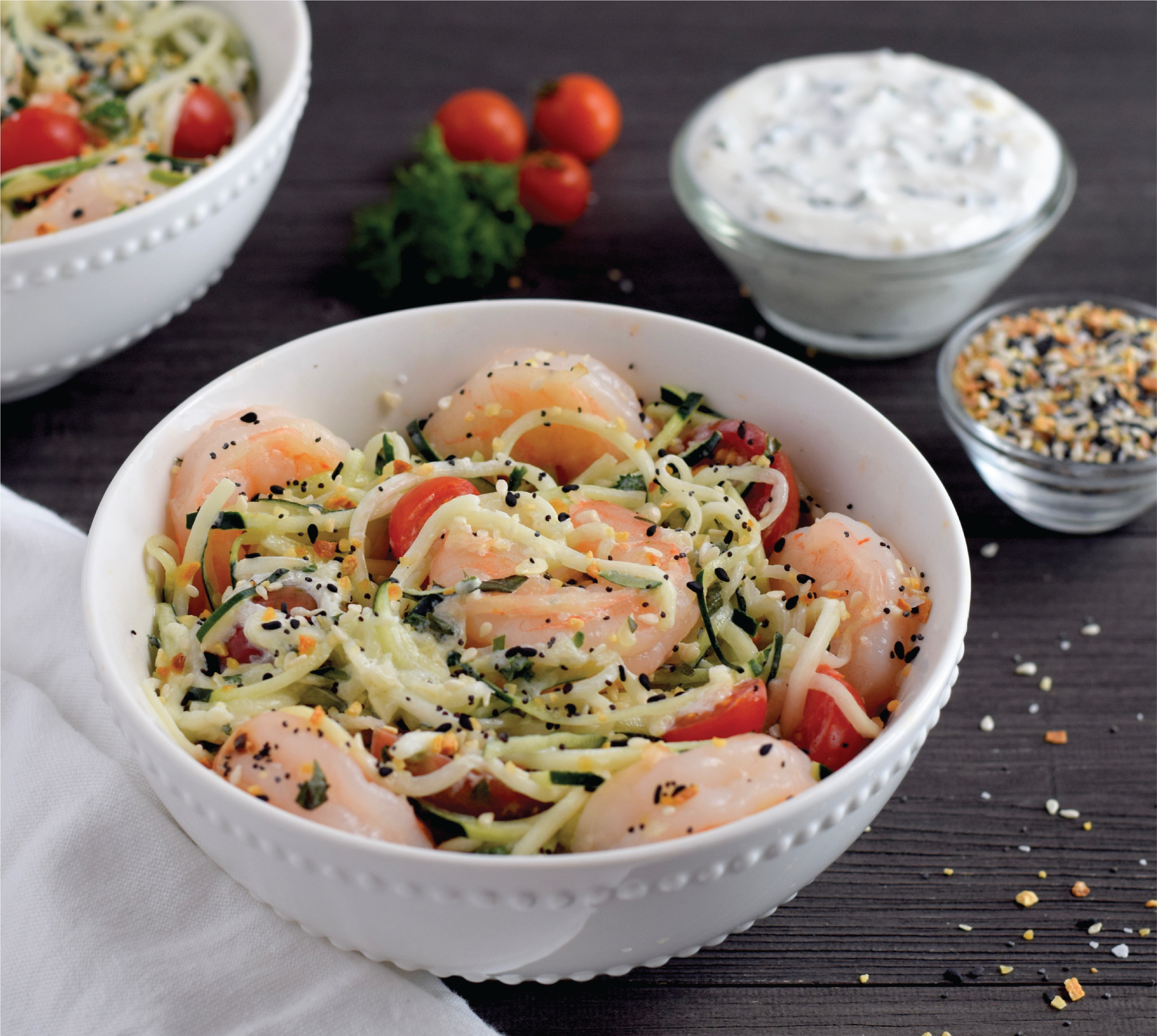 Spiral Zucchini with Grilled Shrimp Salad and Creamy Herb Vinaigrette image