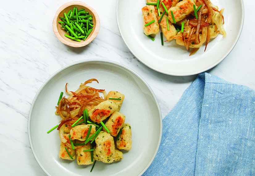 Chive Cottage Cheese Dumplings with Caramelized Onions image
